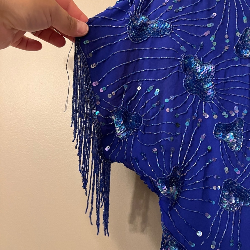 Stenay Vintage Royal Blue Sequin Beaded Tassel Cocktail Dress 100% Silk - Picture 8 of 15